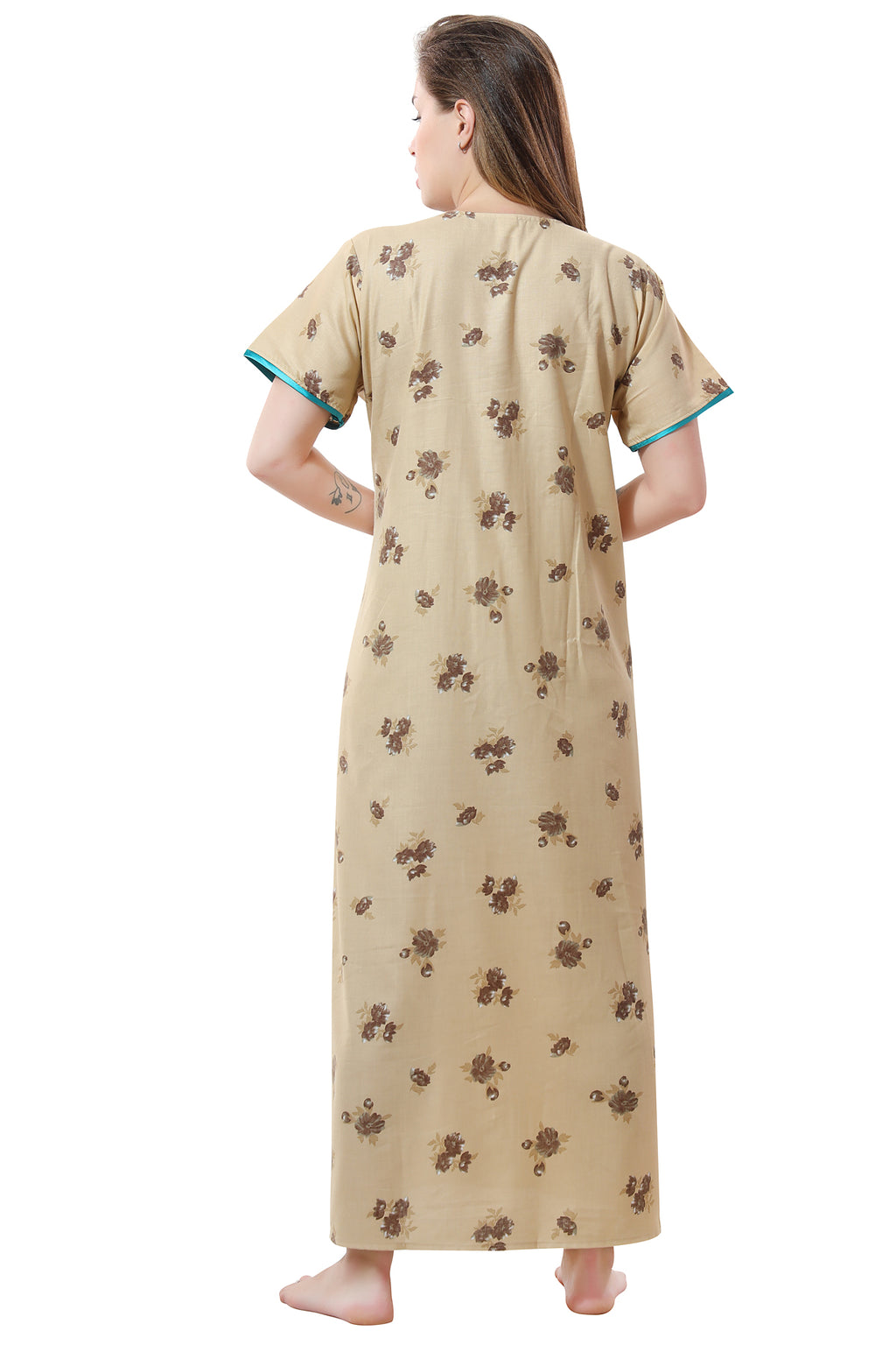 Cream Alpine Cotton Embroidered Short Sleeves Pack of 1 Night Gown for Women