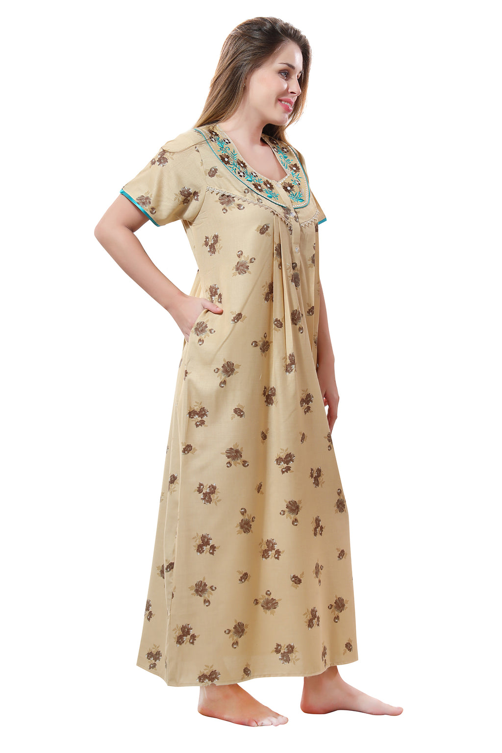 Cream Alpine Cotton Embroidered Short Sleeves Pack of 1 Night Gown for Women