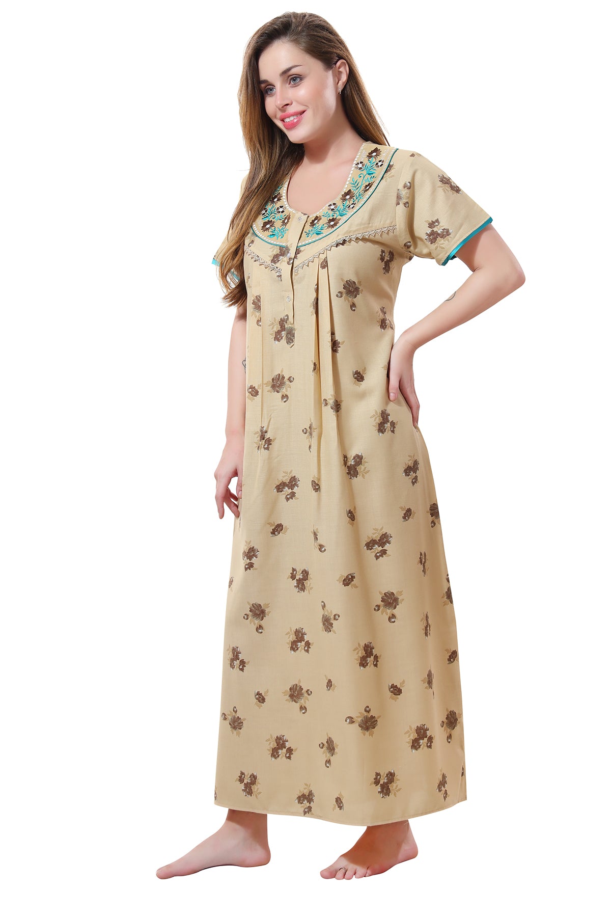 Cream Alpine Cotton Embroidered Short Sleeves Pack of 1 Night Gown for Women