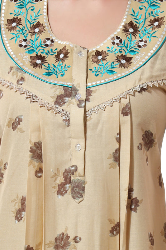 Cream Alpine Cotton Embroidered Short Sleeves Pack of 1 Night Gown for Women