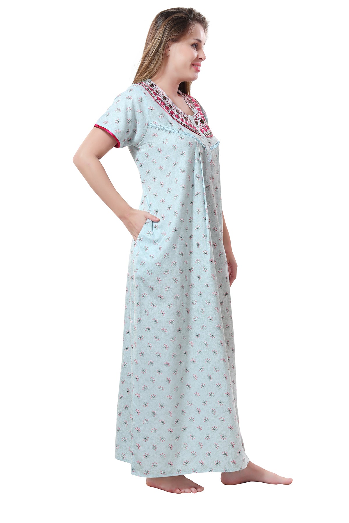 Baby Sky Blue Alpine Cotton Embroidered Night Gown for Women