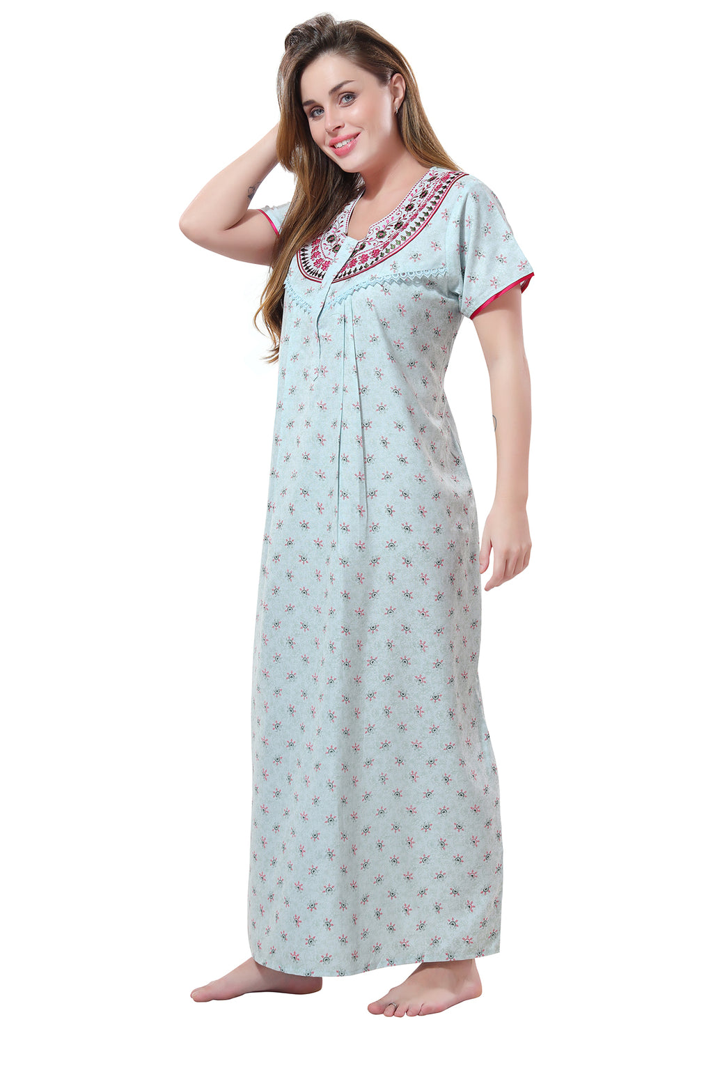 Baby Sky Blue Alpine Cotton Embroidered Night Gown for Women