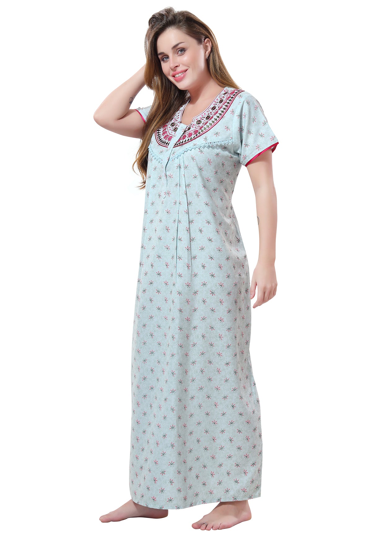 Baby Sky Blue Alpine Cotton Embroidered Night Gown for Women