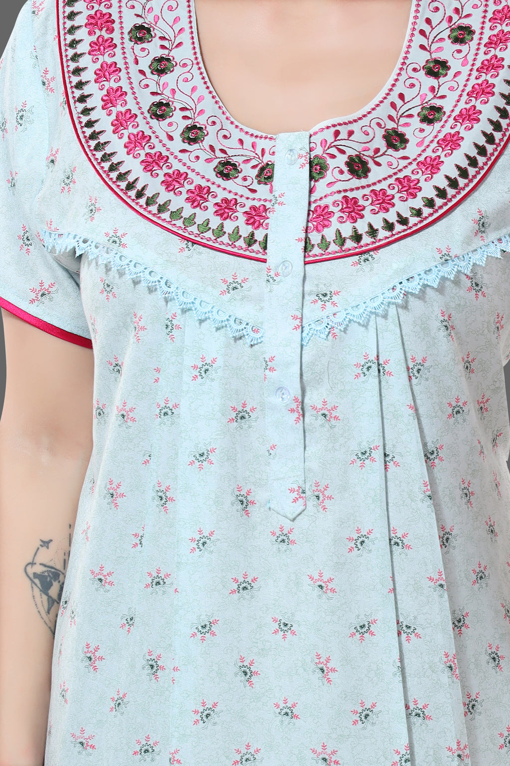 Baby Sky Blue Alpine Cotton Embroidered Night Gown for Women