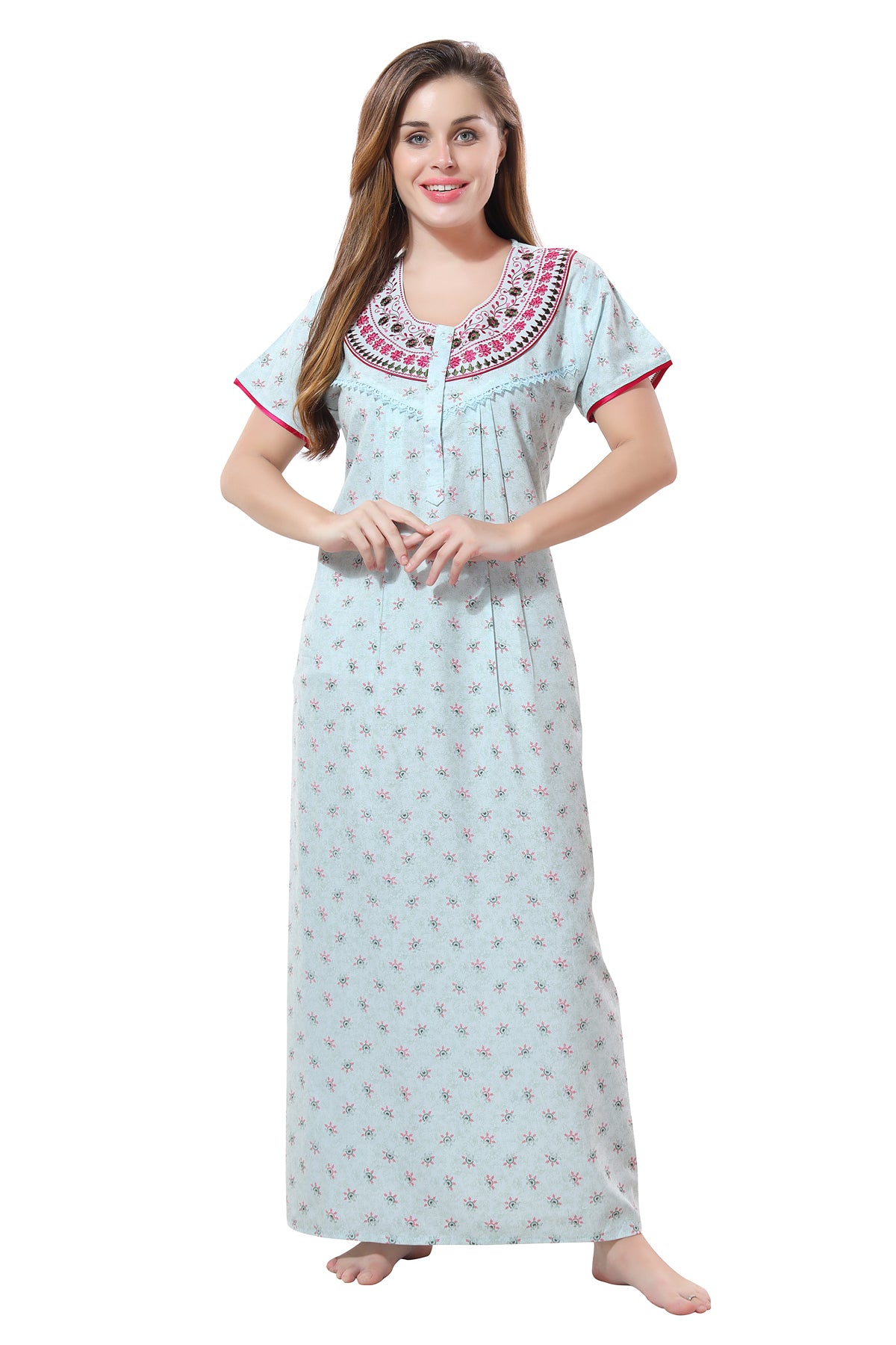 Baby Sky Blue Alpine Cotton Embroidered Night Gown for Women