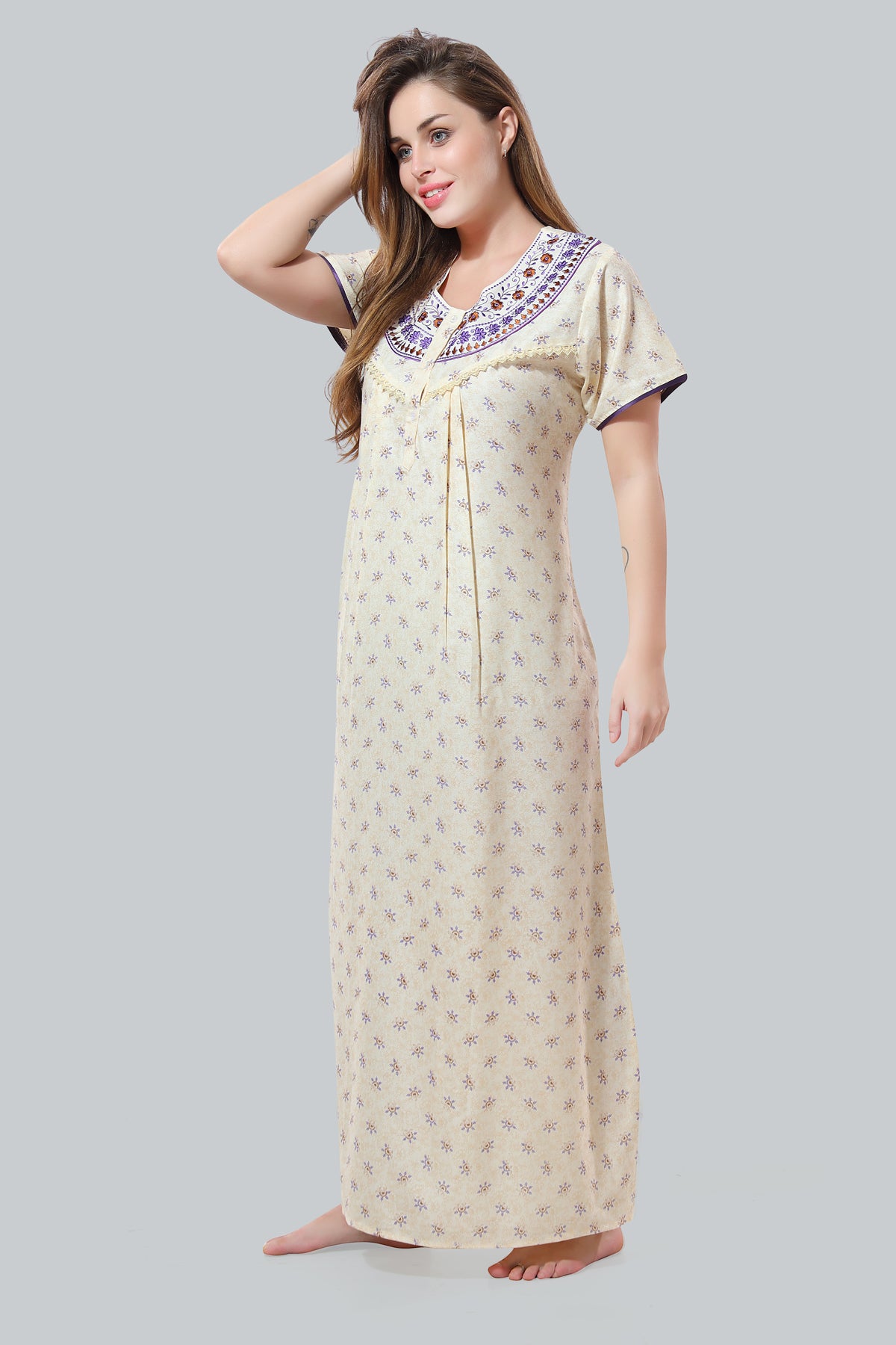 Off White Alpine Cotton Embroidered Night Gown