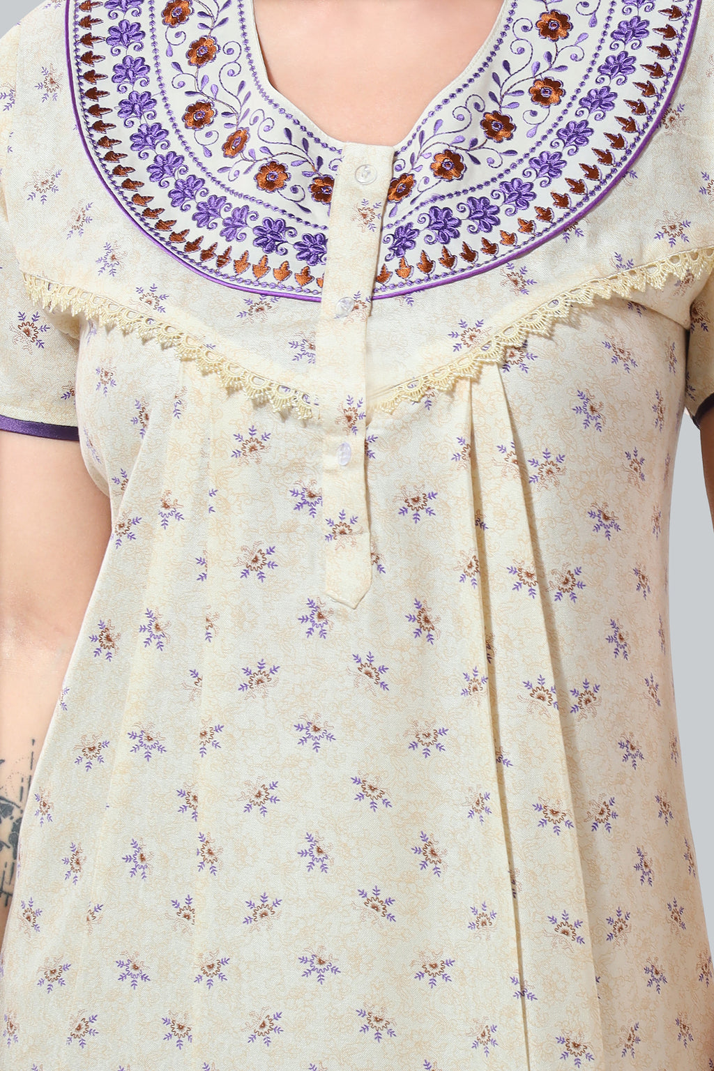 Off White Alpine Cotton Embroidered Night Gown