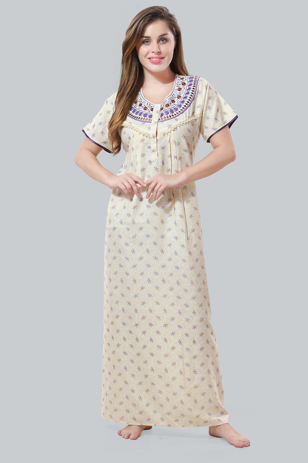 Off White Alpine Cotton Embroidered Night Gown