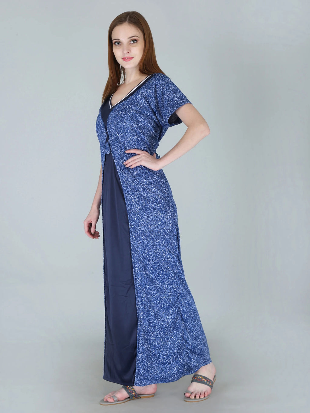 printed blue nighty with v neck design

