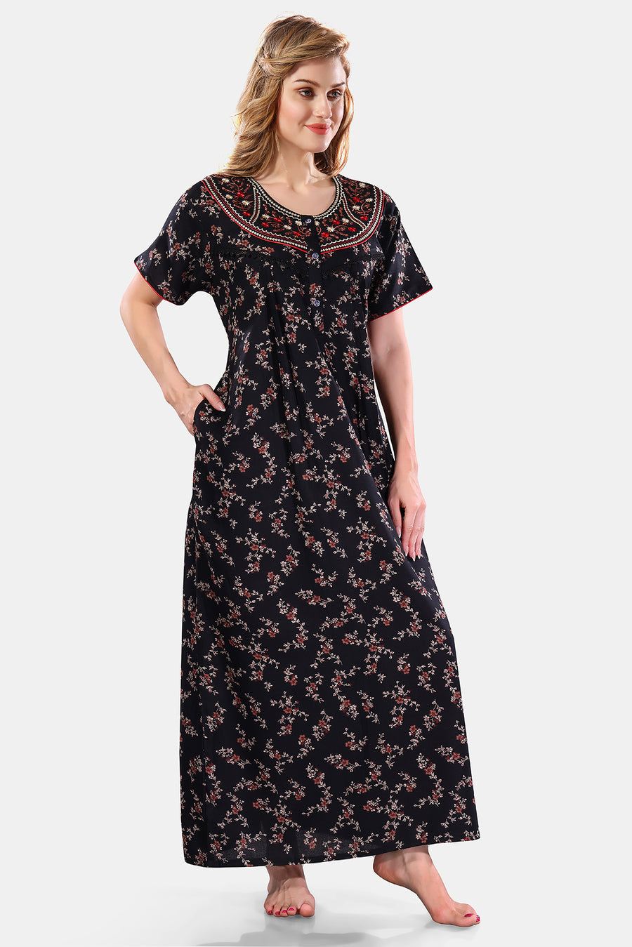 Printed Embroidered Alpine Cotton Nighty / Night Gowns For Women