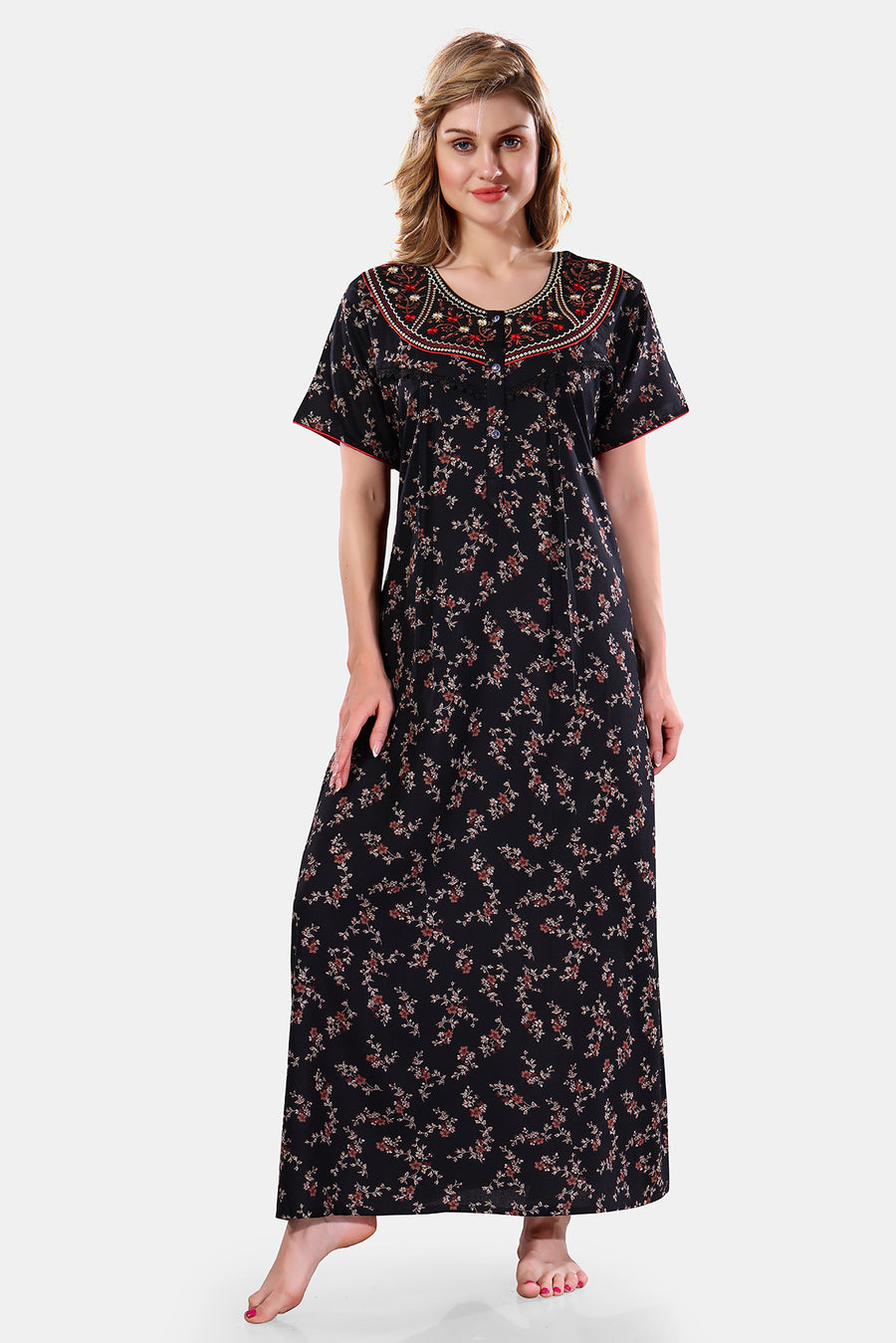 Printed Embroidered Alpine Cotton Nighty / Night Gowns For Women