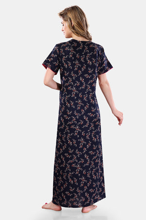 Navy Blue Printed Embroidered Alpine Cotton Nighty / Night Gown for Women