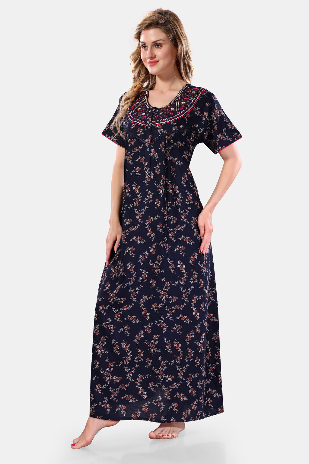 Navy Blue Printed Embroidered Alpine Cotton Nighty / Night Gown for Women