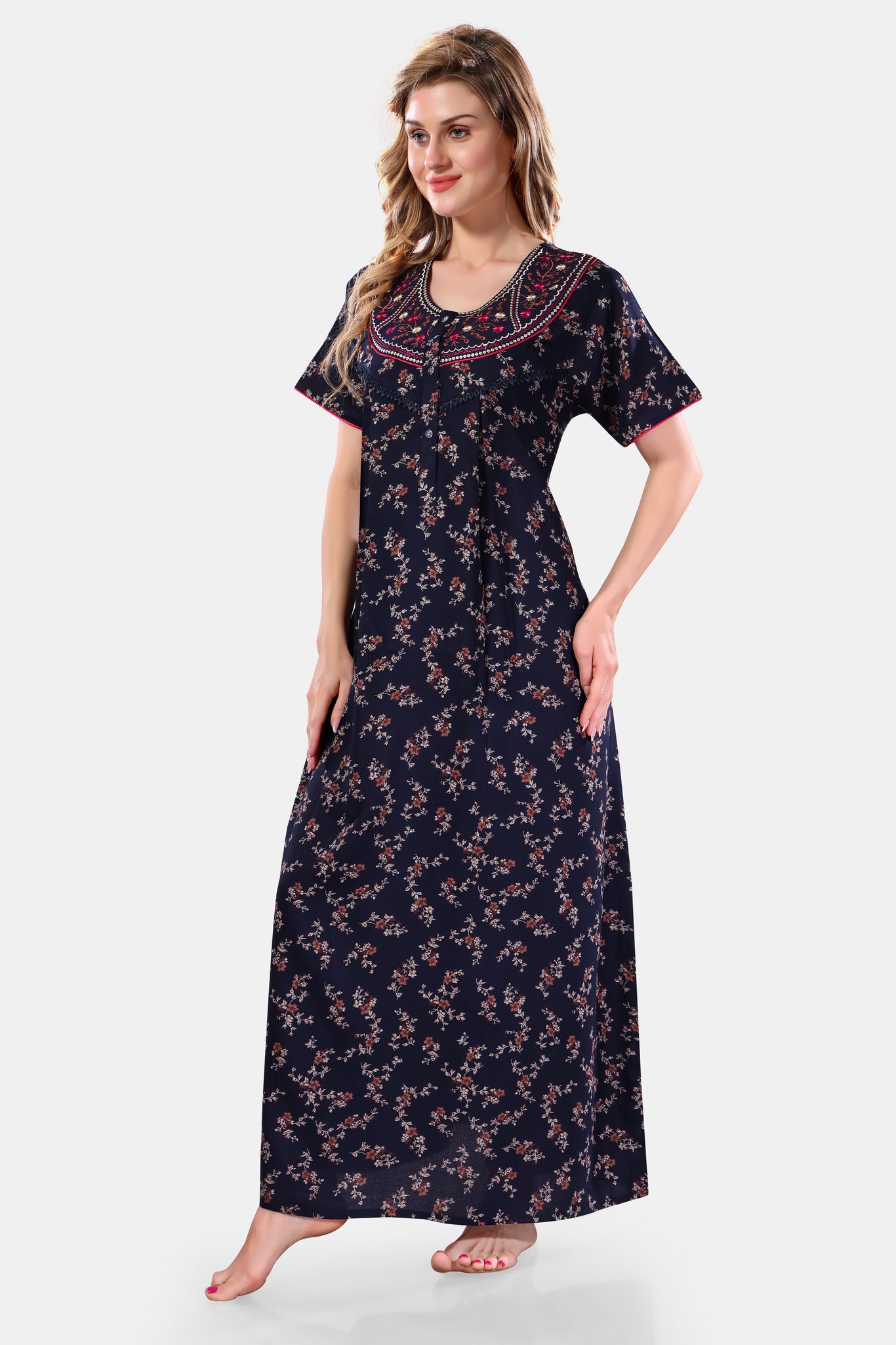Navy Blue Printed Embroidered Alpine Cotton Nighty / Night Gown for Women