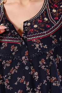 Navy Blue Printed Embroidered Alpine Cotton Nighty / Night Gown for Women