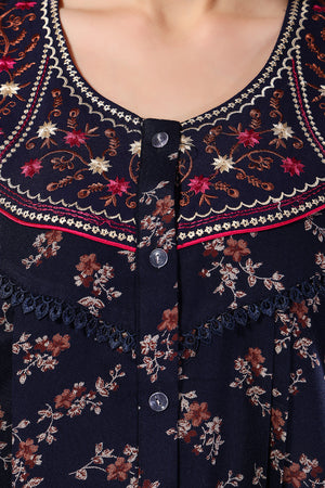 Navy Blue Printed Embroidered Alpine Cotton Nighty / Night Gown for Women