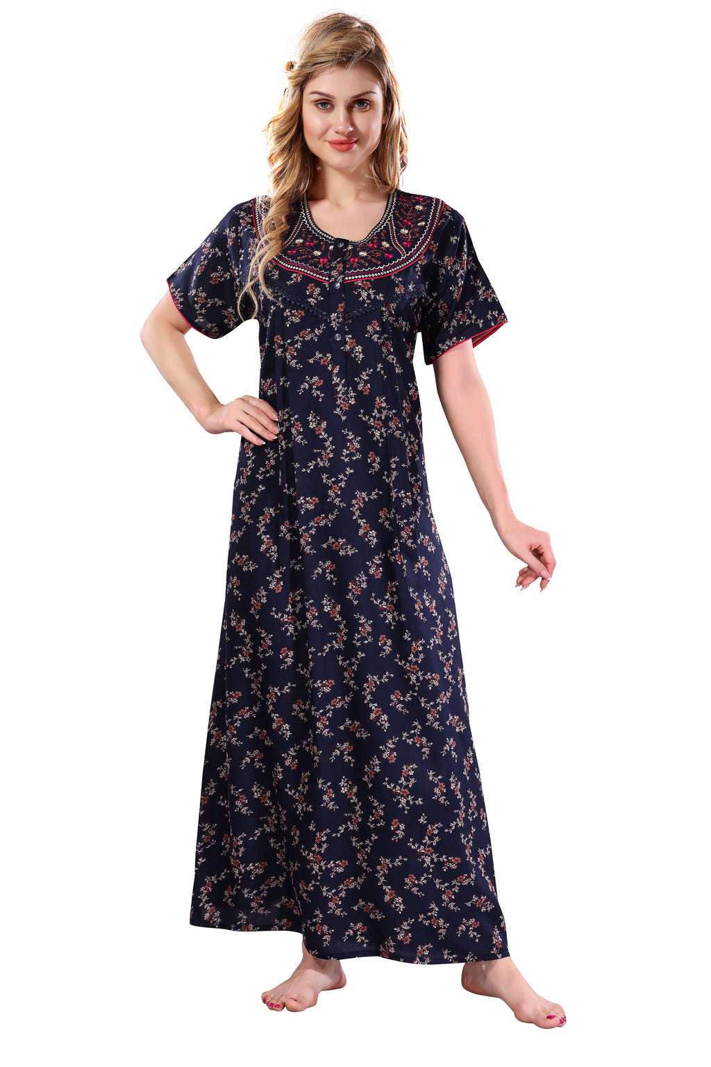 Navy Blue Printed Embroidered Alpine Cotton Nighty / Night Gown for Women