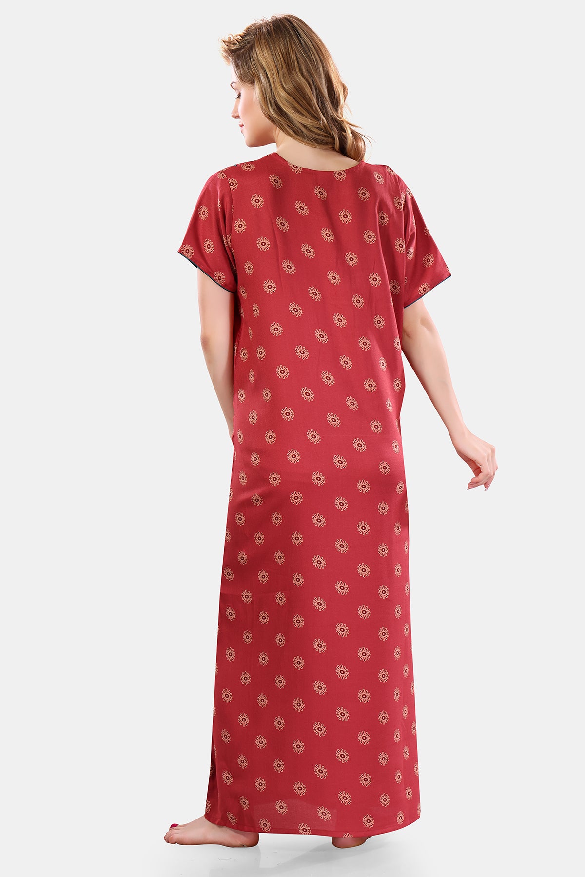 Peach Printed Embroidered Alpine Cotton Nighty for Women