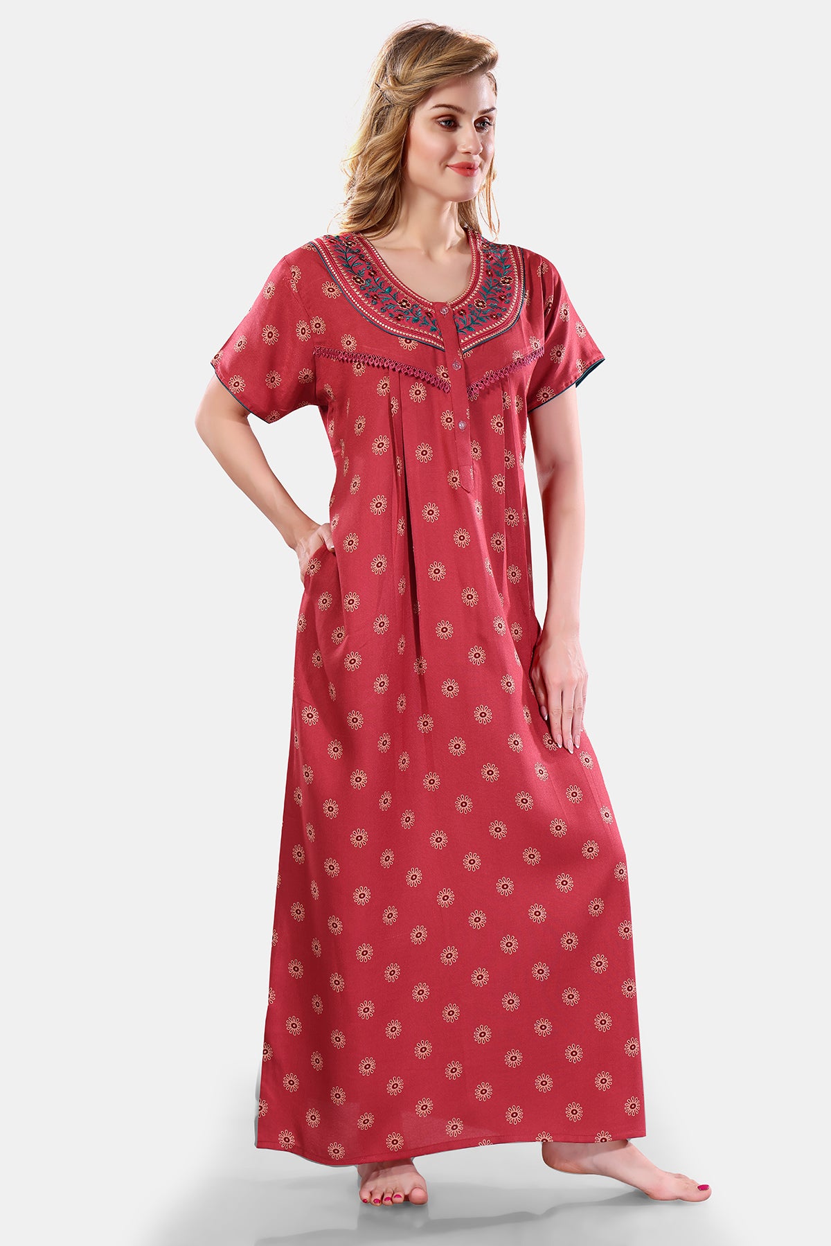 Peach Printed Embroidered Alpine Cotton Nighty for Women