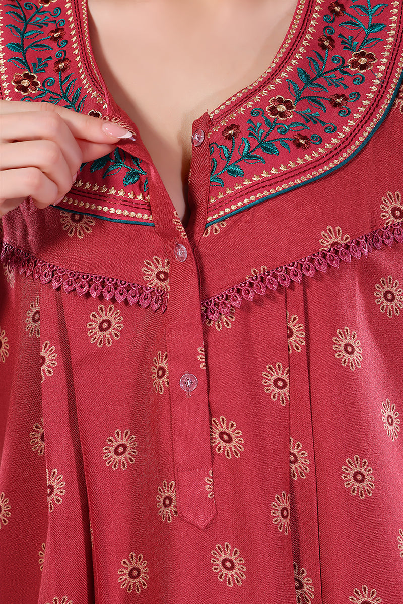 Peach Printed Embroidered Alpine Cotton Nighty for Women