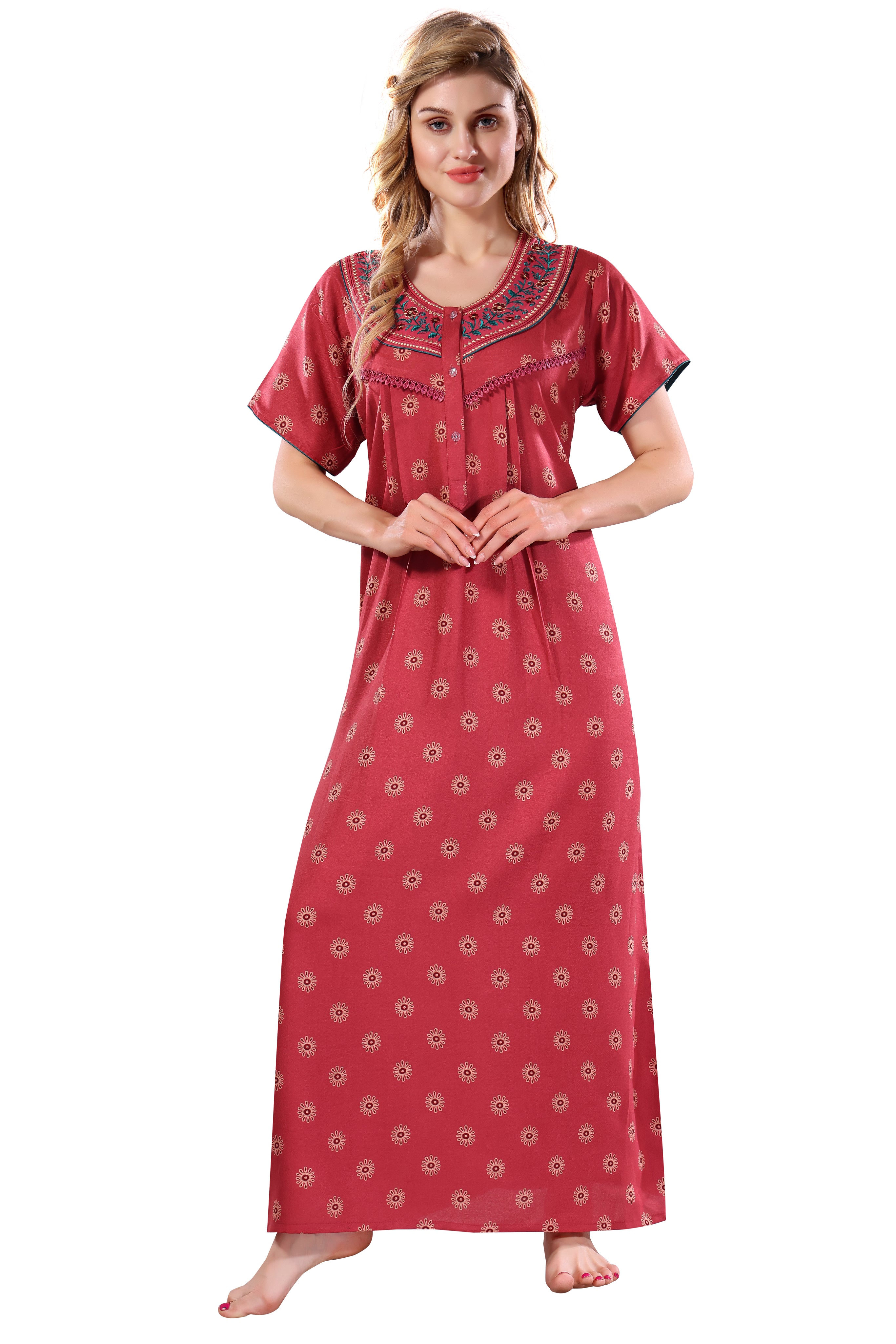 Peach Printed Embroidered Alpine Cotton Nighty for Women