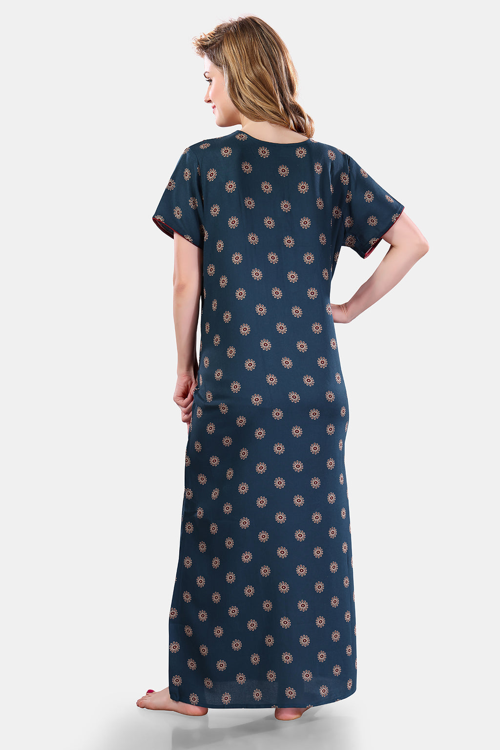 Teal Printed Embroidered Alpine Cotton Nighty for Women