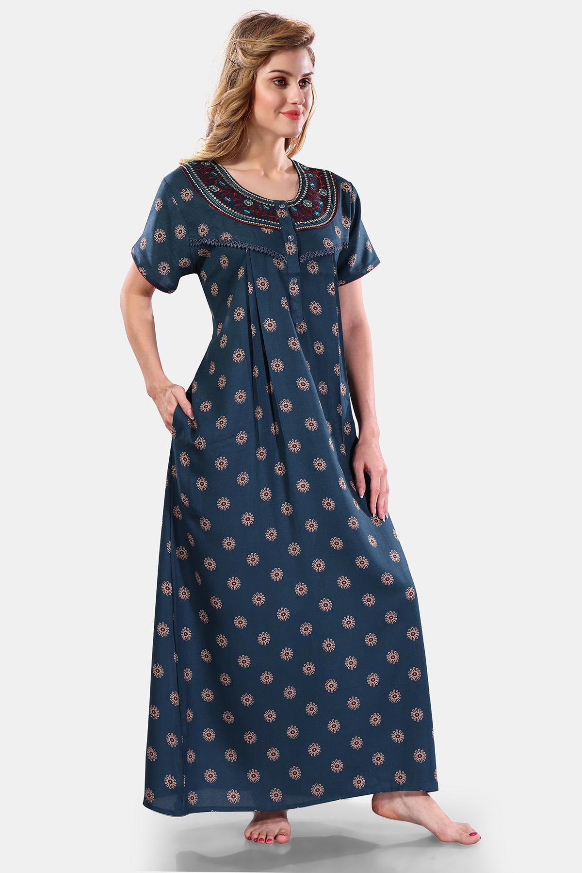 Teal Printed Embroidered Alpine Cotton Nighty for Women