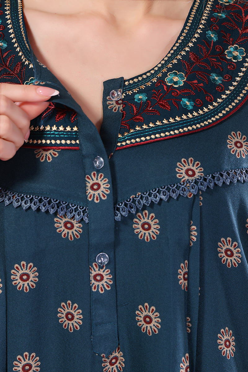 Teal Printed Embroidered Alpine Cotton Nighty for Women