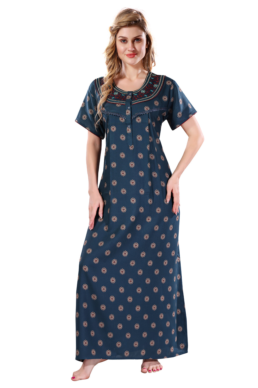 Teal Printed Embroidered Alpine Cotton Nighty for Women