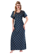 Teal Printed Embroidered Alpine Cotton Nighty for Women