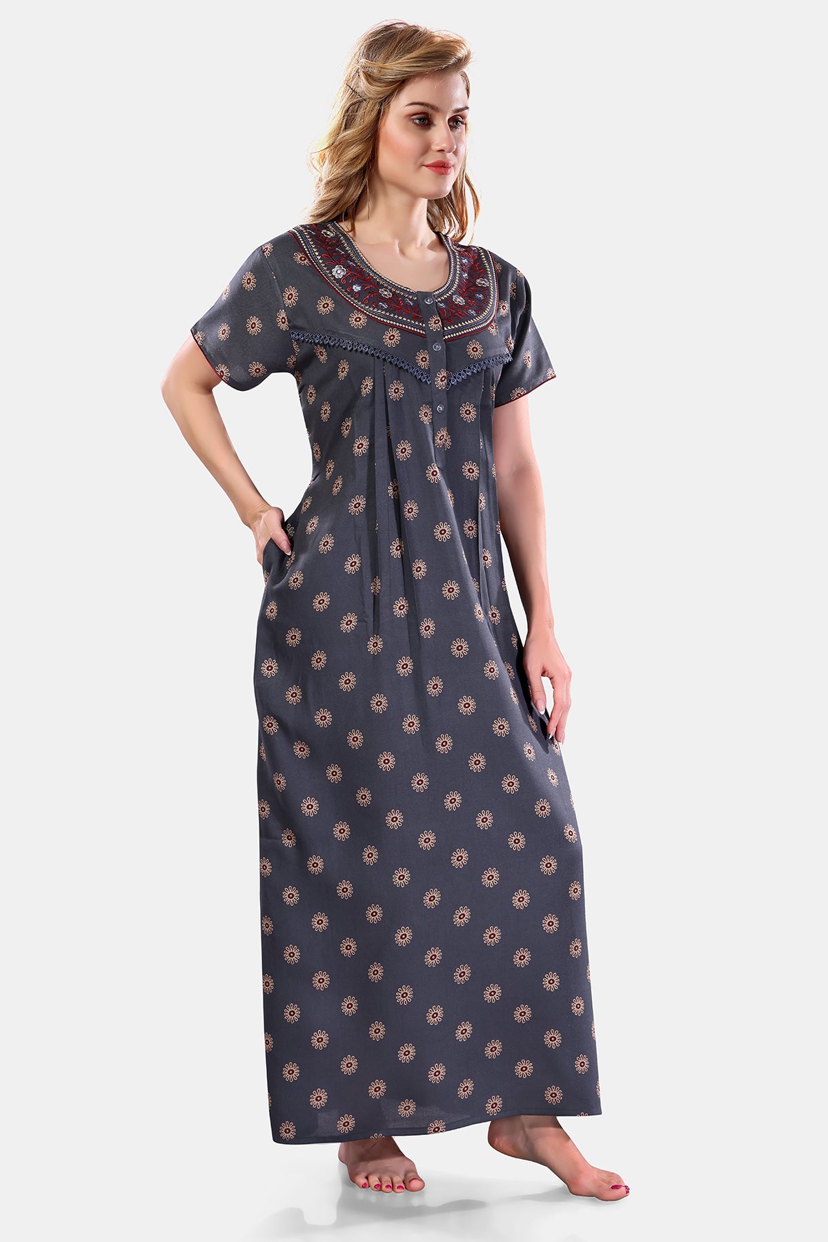 Printed Embroidered Alpine Cotton Nighty / Night Gowns For Women