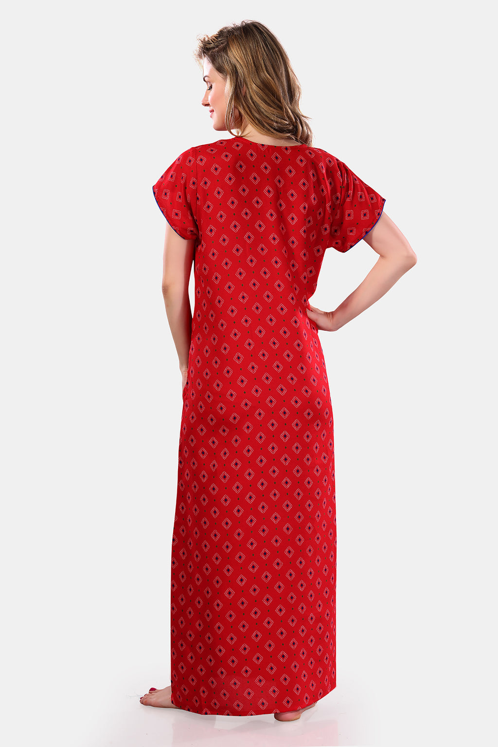 Red Printed Embroidered Alpine Cotton Nighty for Women