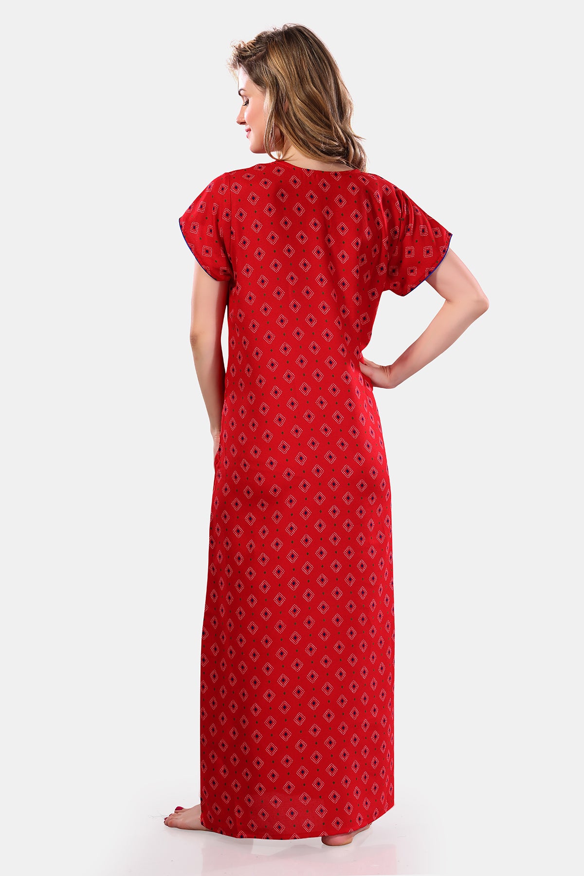 Red Printed Embroidered Alpine Cotton Nighty for Women