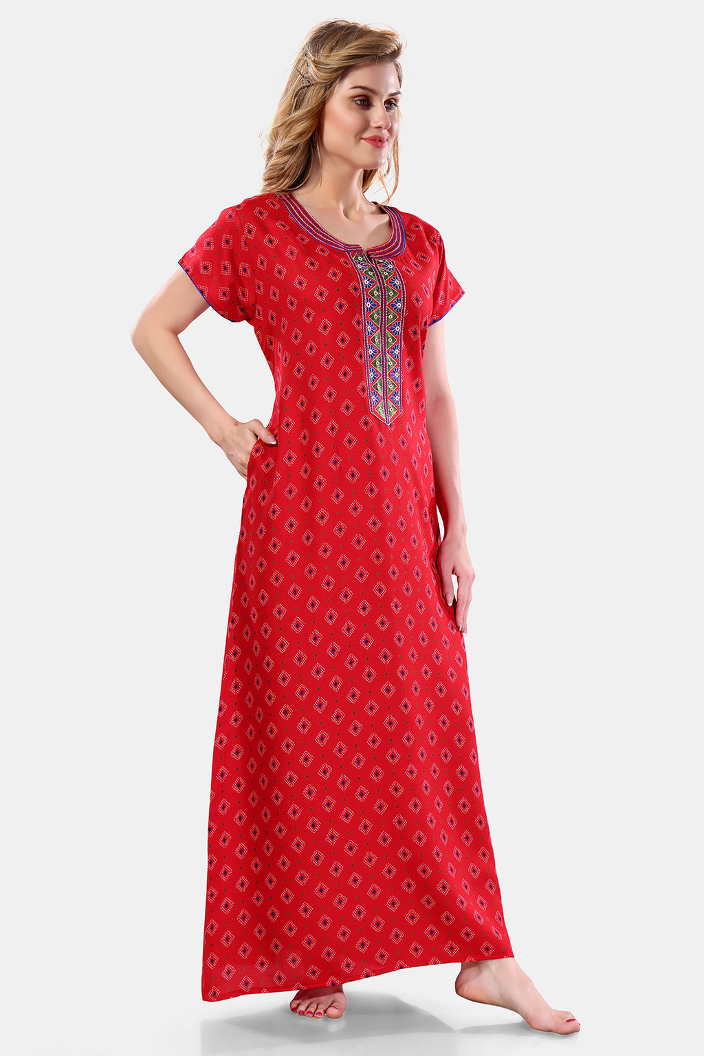 Red Printed Embroidered Alpine Cotton Nighty for Women
