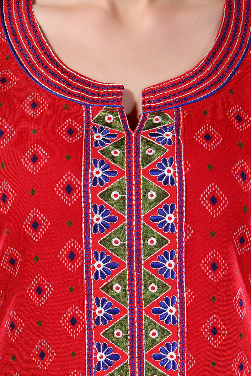 Red Printed Embroidered Alpine Cotton Nighty for Women