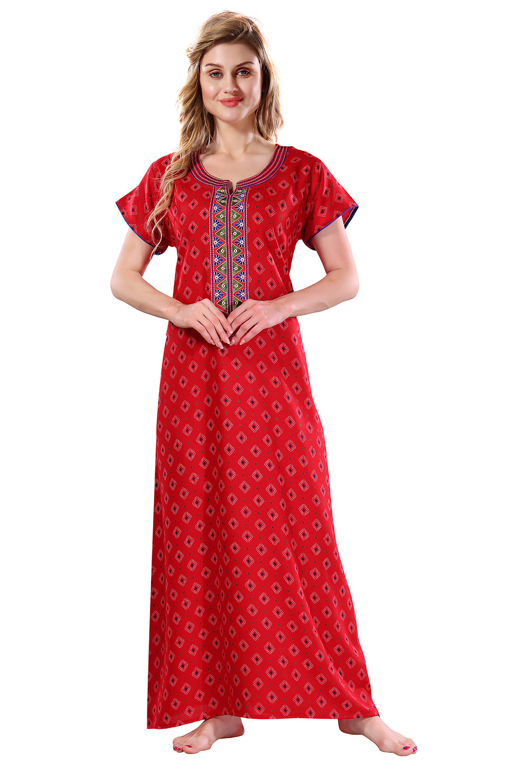 Red Printed Embroidered Alpine Cotton Nighty for Women