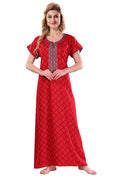 Red Printed Embroidered Alpine Cotton Nighty for Women