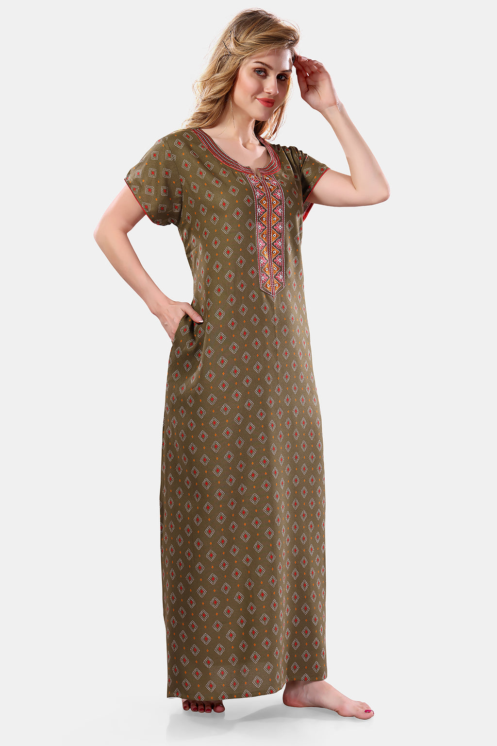 Sage Green Printed Embroidered Alpine Cotton Nighty for Women