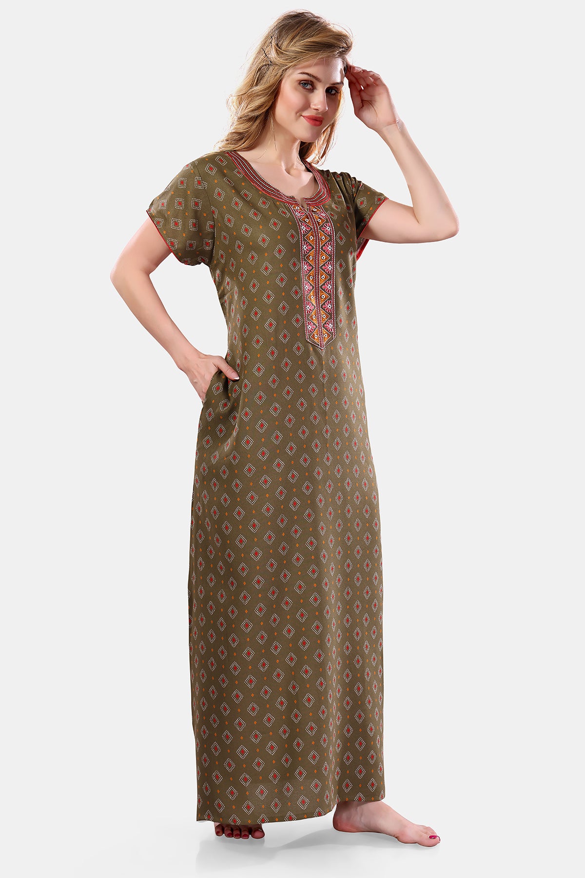 Sage Green Printed Embroidered Alpine Cotton Nighty for Women