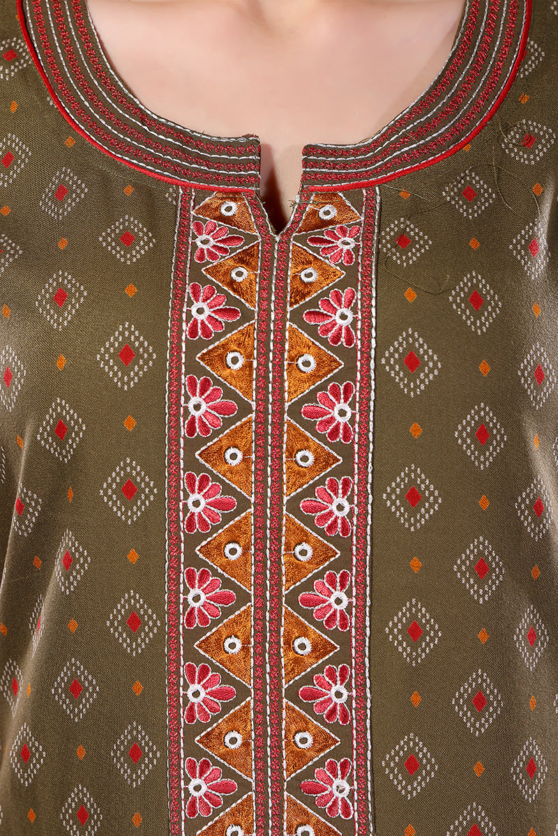 Sage Green Printed Embroidered Alpine Cotton Nighty for Women