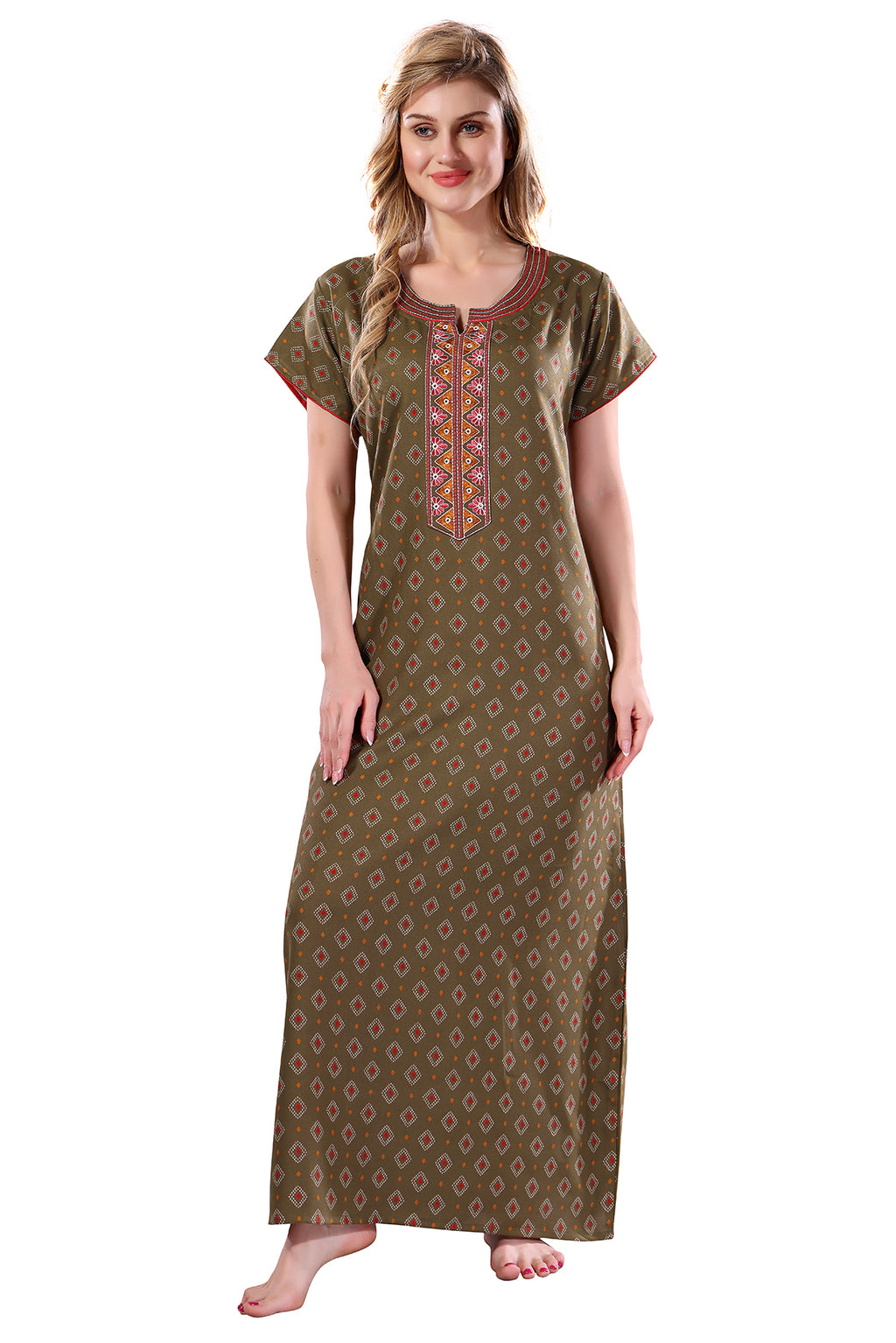 Sage Green Printed Embroidered Alpine Cotton Nighty for Women