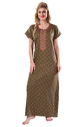 Sage Green Printed Embroidered Alpine Cotton Nighty for Women