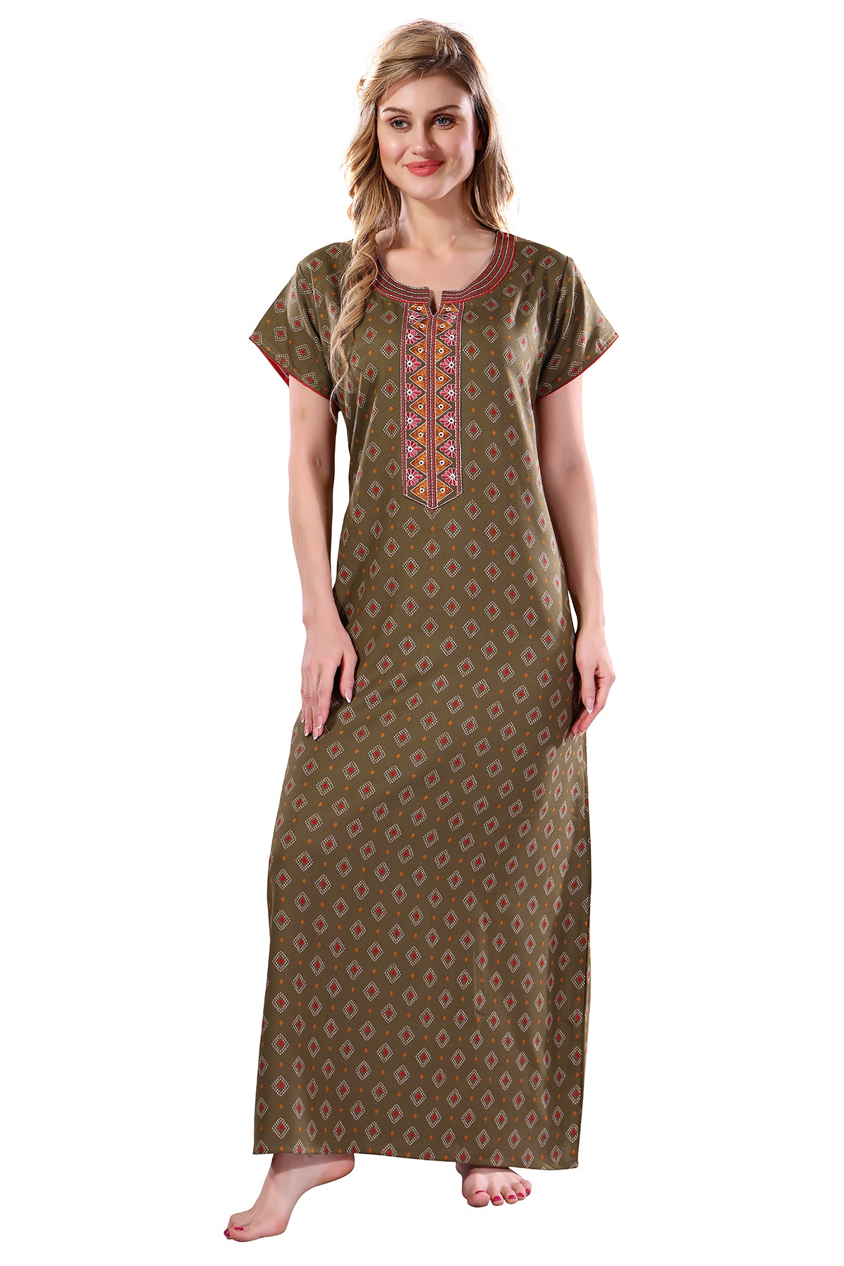 Sage Green Printed Embroidered Alpine Cotton Nighty for Women