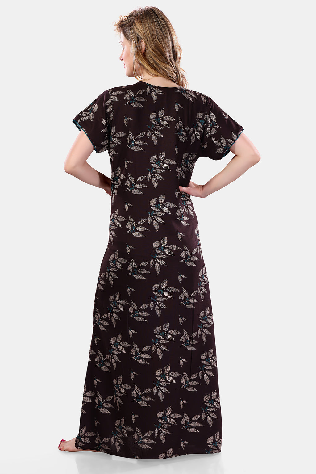Printed Embroidered Alpine Cotton Nighty / Night Gowns For Women, Chocolate Brown