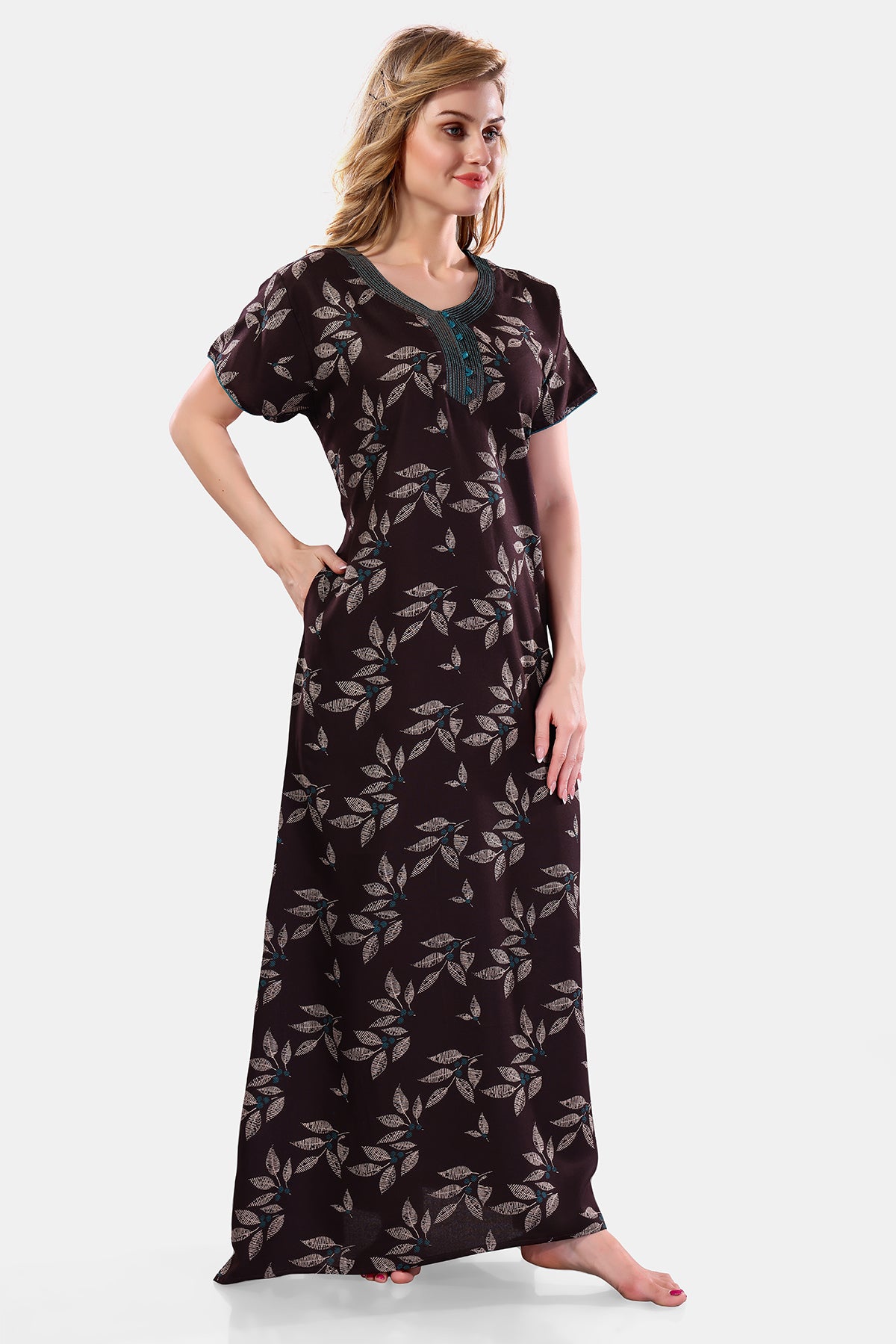 Printed Embroidered Alpine Cotton Nighty / Night Gowns For Women, Chocolate Brown