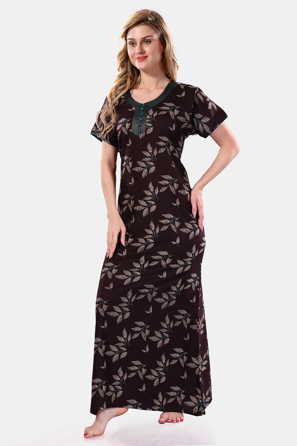 Printed Embroidered Alpine Cotton Nighty / Night Gowns For Women, Chocolate Brown