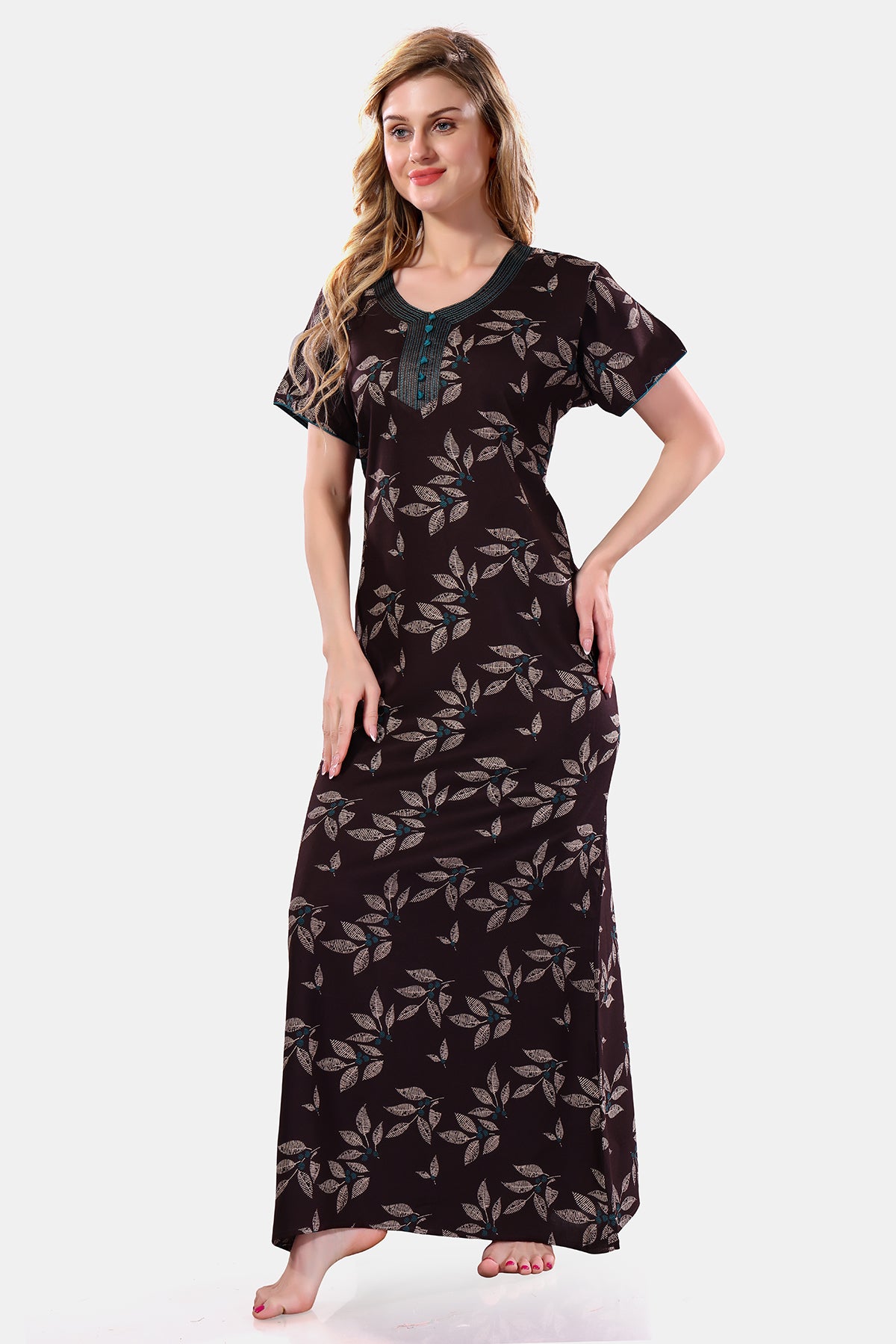 Printed Embroidered Alpine Cotton Nighty / Night Gowns For Women, Chocolate Brown