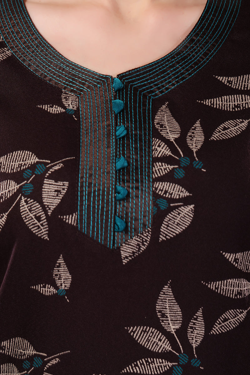 Printed Embroidered Alpine Cotton Nighty / Night Gowns For Women, Chocolate Brown