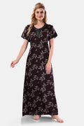 Printed Embroidered Alpine Cotton Nighty / Night Gowns For Women, Chocolate Brown