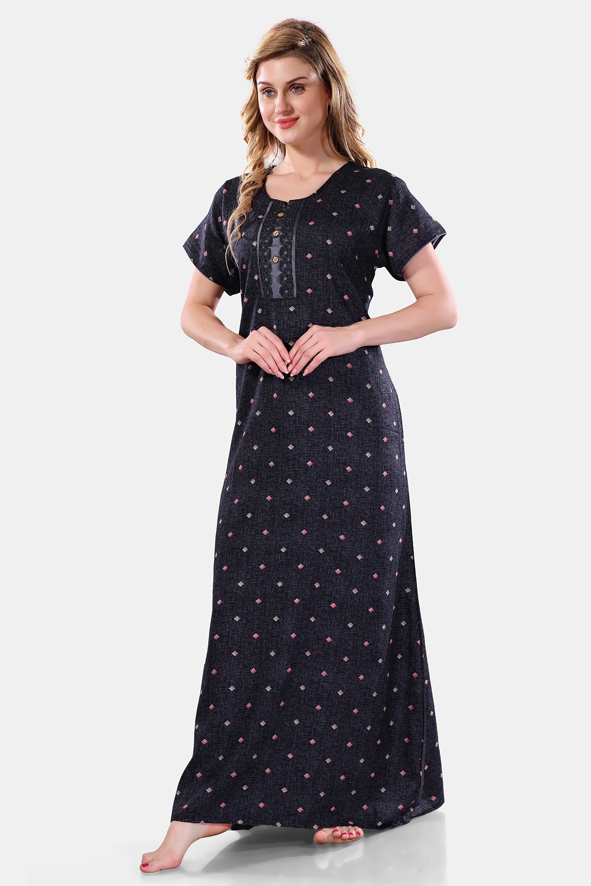 Printed Embroidered Alpine Cotton Nighty / Night Gowns For Women